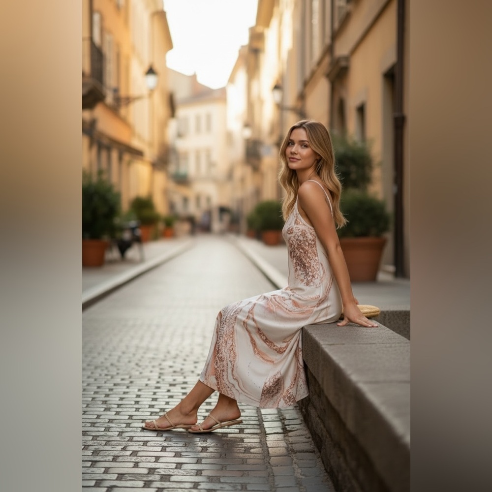 SHEIN Marble-Print Slip Midi Dress in Cream and Rose Gold - Picture 2 of 4